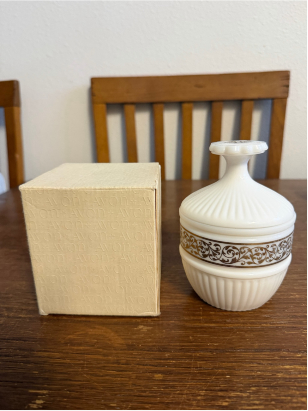 Vintage Avon White Milk Glass Vanity Powder Jar Gold Scroll Lid NOS w Box